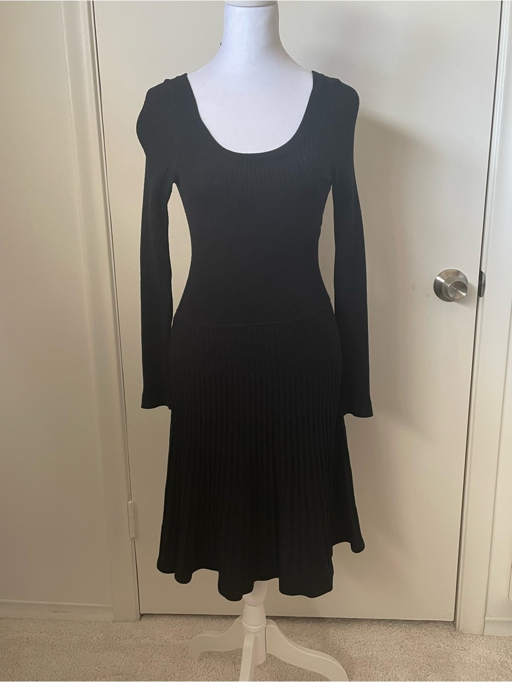 Rebecca Taylor Black Ribbed Long-Sleeve Scoop Neck Dress